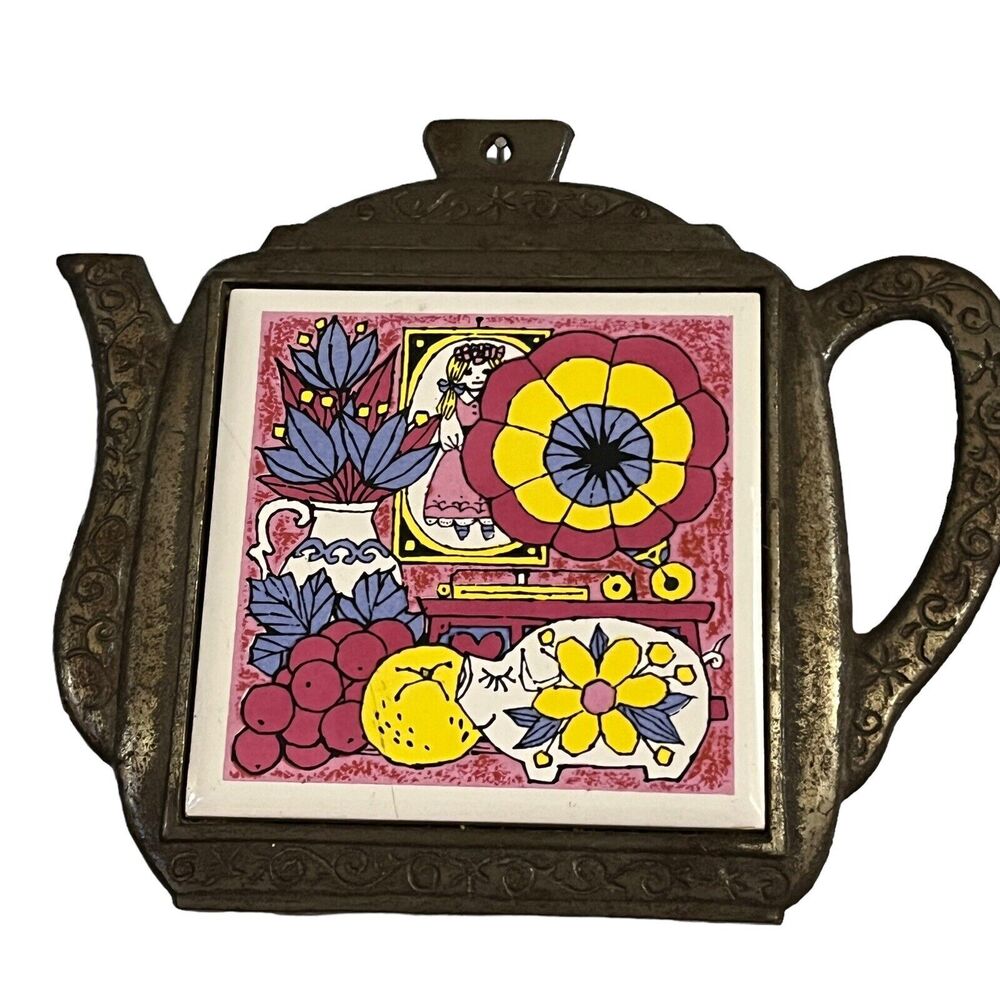 Cherry Brand Teapot Trivet Pig Fruit Princess Retro Made in Japan Wall Hanging